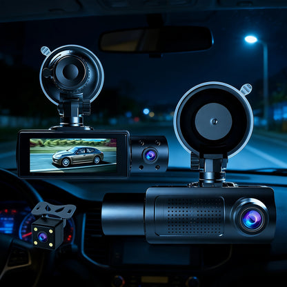 3-Channel Dash Cam with Infrared Night Vision & Smartphone App – Front, Rear & Interior Car Camera with Loop Recording, Wide Angle Lens, Optional 64GB/512GB Memory Card for Cars, Trucks & Rideshare