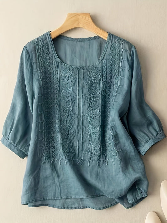 Women's Embroidered Floral T-Shirt Casual Short Sleeve Crew Neck Soft Breathable Tee 4 Colors White Green Yellow Khaki S-XXL