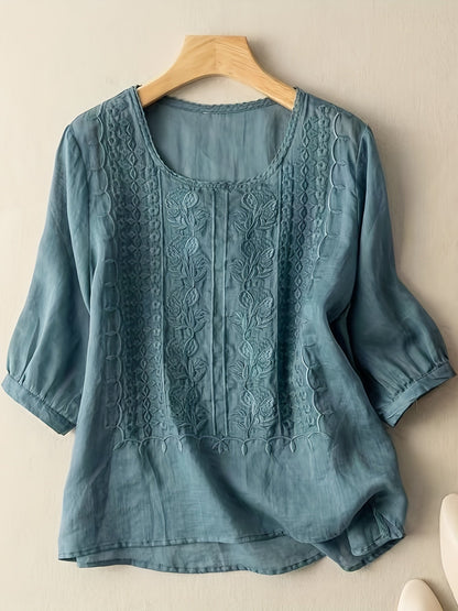 Women's Embroidered Floral T-Shirt Casual Short Sleeve Crew Neck Soft Breathable Tee 4 Colors White Green Yellow Khaki S-XXL