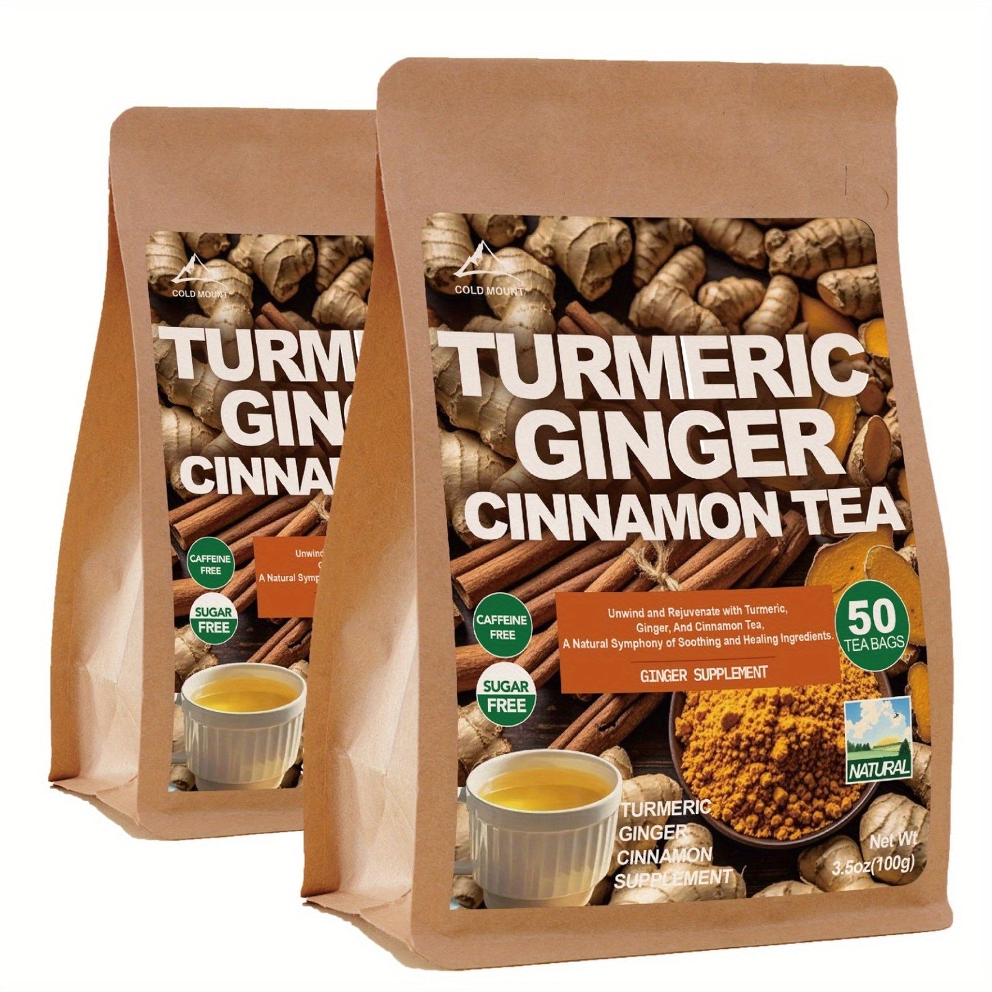 Turmeric Ginger Cinnamon Herbal Tea – Sugar Free, Caffeine Free, No Additives, Natural Wellness Tea Bags for Immune Support, Anti-Inflammatory & Detox, 1/2/3 Bags