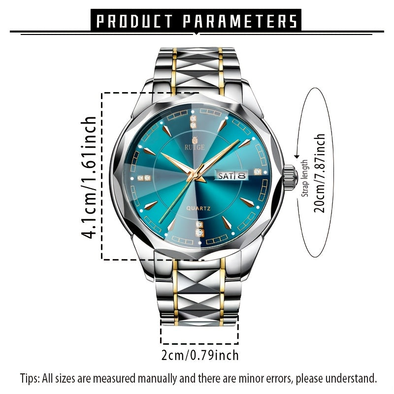 Men's Luxury Quartz Chronograph Watch – Luminous Blue Dial, Stainless Steel Case & Strap, Calendar Date Display, Elegant Business Dress Watch Gift for Him