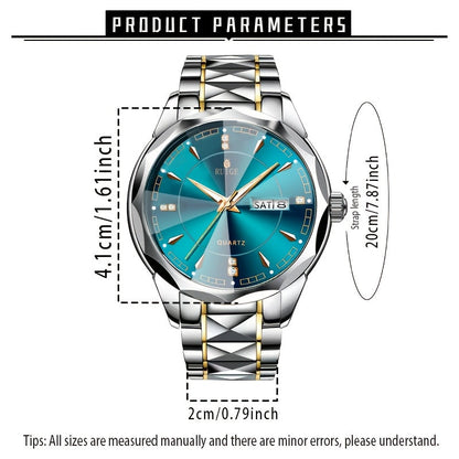 Men's Luxury Quartz Chronograph Watch – Luminous Blue Dial, Stainless Steel Case & Strap, Calendar Date Display, Elegant Business Dress Watch Gift for Him