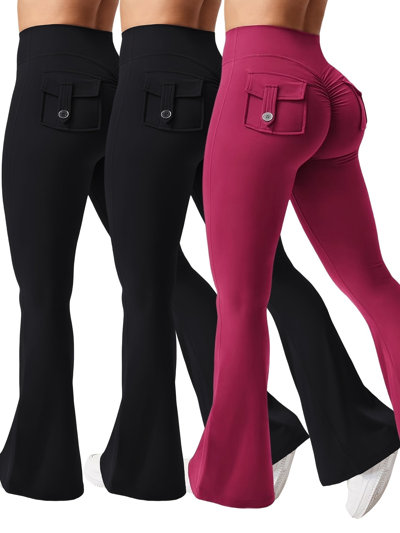 Women's 3-Piece High Waist Flare Yoga Pants Set with Belt and Pockets, Scrunch Butt Lifting Squat Proof 90% Polyester Stretchy Flared Leggings for Workout Gym Running Casual Wear