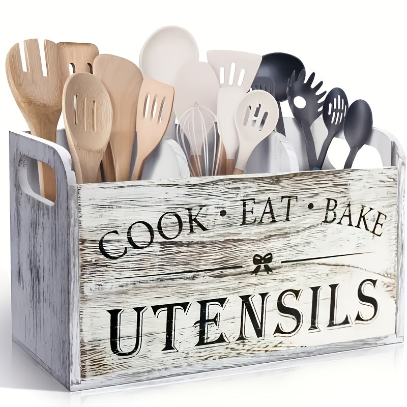 Extra Large Rustic Wooden Utensil Organizer 3-Compartment – Countertop & Wall-Mounted Kitchen Caddy for Cooking & Baking Tools, Heavy-Duty Natural Wood Kitchen Storage Rack