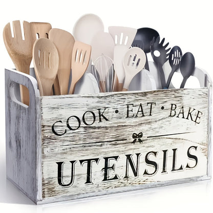 Extra Large Rustic Wooden Utensil Organizer 3-Compartment – Countertop & Wall-Mounted Kitchen Caddy for Cooking & Baking Tools, Heavy-Duty Natural Wood Kitchen Storage Rack