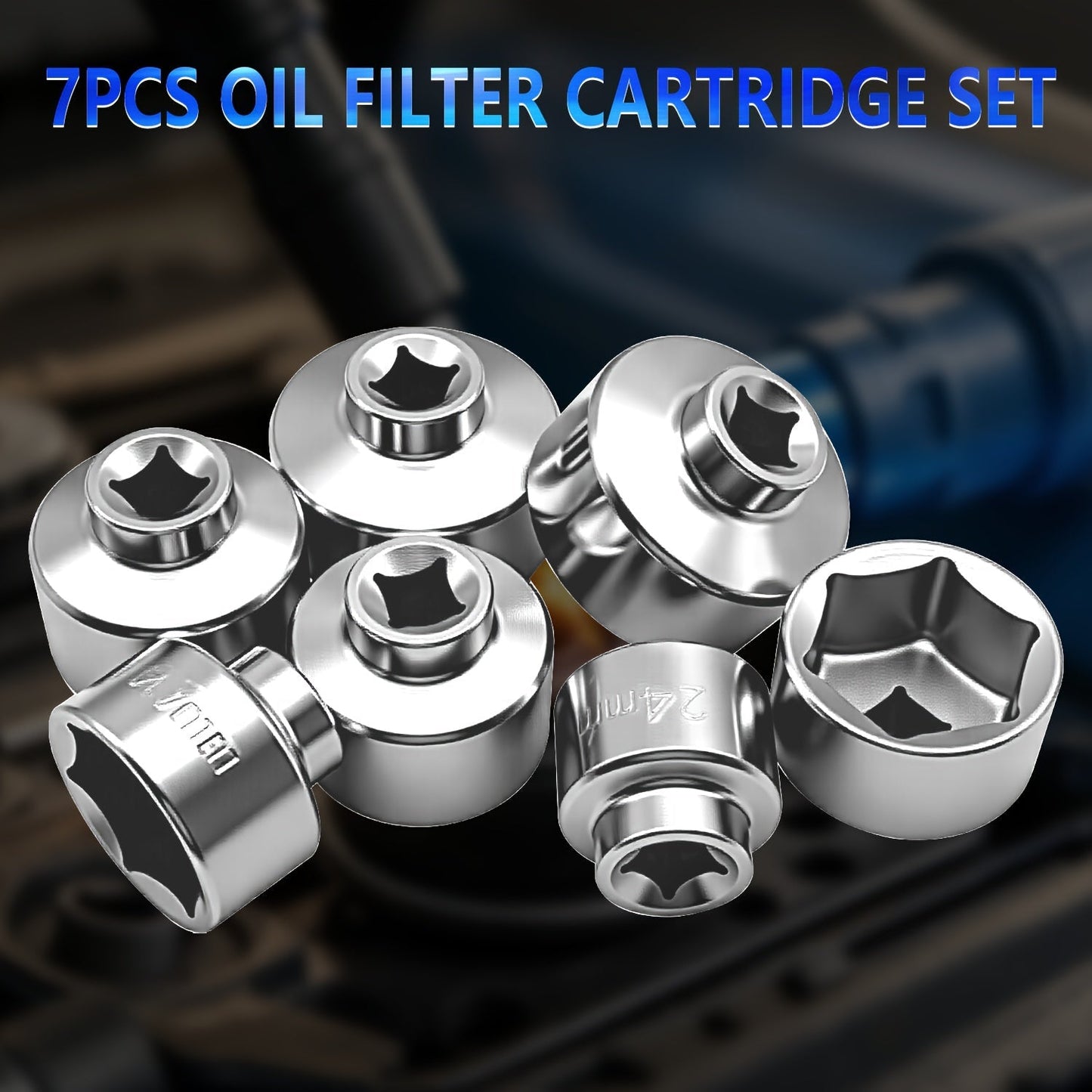 7-Piece Oil Filter Socket Wrench Set 3/8" Drive CR-V Steel 24mm 27mm 29mm 30mm 32mm 36mm 38mm - Universal Oil Filter Removal Tool Kit for Car Oil Changes