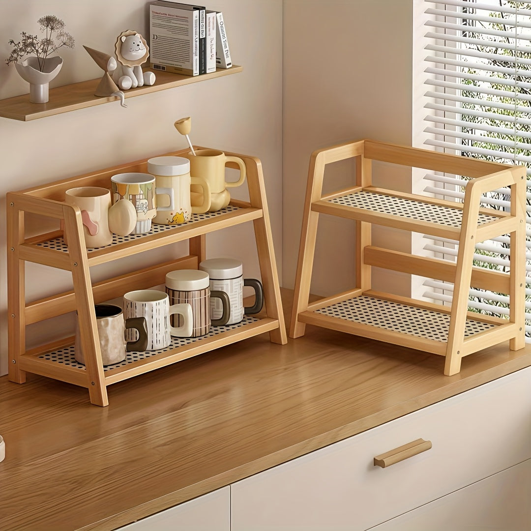 2-Tier Wooden Countertop Shelf Organizer Vintage Trapezoidal Design, Bamboo Desktop Storage Rack for Kitchen Office Bedroom, Space-Saving Counter Shelf for Coffee Cups Books Decor – 1 or 2 Pack, Large & Medium