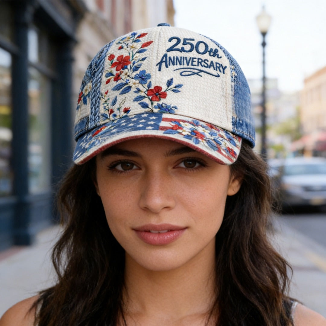 250th Anniversary Patriotic Baseball Cap – Digital Floral Print, Vintage Style Adjustable Dad Hat for Men & Women – Curved Brim Sun Hat for Independence Day & Everyday Wear