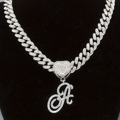 Initial Letter Necklace for Men & Women – Personalized A-Z Silver Cuban Chain with Heart Pendant, Hip Hop Style, 45cm / 17.71in, Perfect Gift for Sports Fans, Birthdays & Everyday Wear