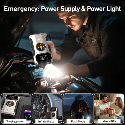 5000A Car Jump Starter with 150PSI Air Compressor – 12000mAh Portable Battery Booster Pack, Digital Tire Inflator, USB-C & USB-A, LED Emergency Light for 12V Gas & Diesel Engines