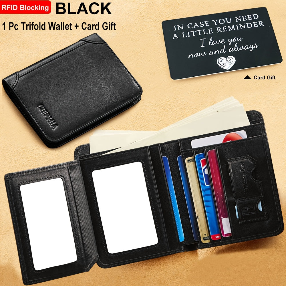 RFID Blocking Genuine Leather Wallet for Men Trifold Cowhide Vintage Credit Card Holder 2 ID Windows Money Clip Cash Slots Father's Day Gift for Dad Husband
