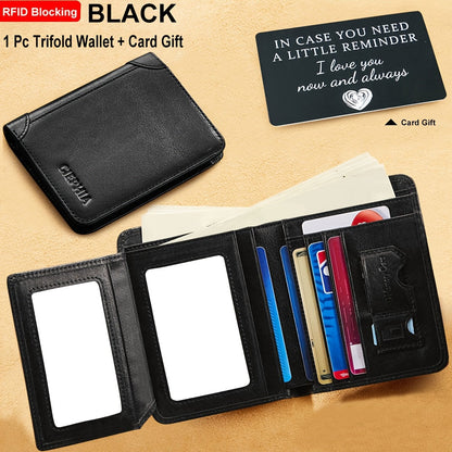 RFID Blocking Genuine Leather Wallet for Men Trifold Cowhide Vintage Credit Card Holder 2 ID Windows Money Clip Cash Slots Father's Day Gift for Dad Husband