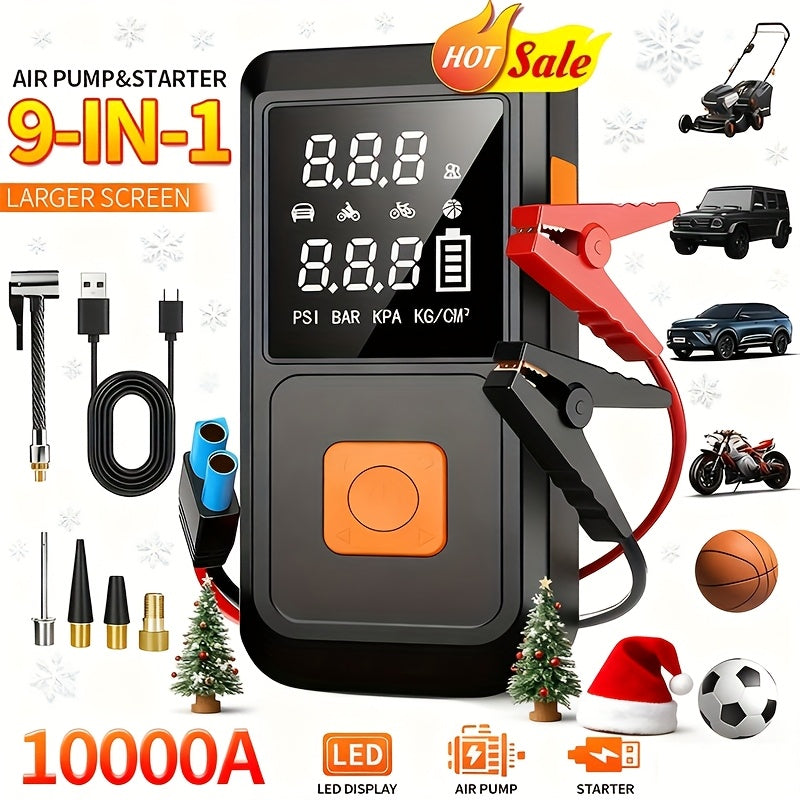 9-in-1 Car Jump Starter 10000A with 150PSI Tire Inflator, LED Display USB Fast Charging LED Light Battery Charger, Lightweight Dual-Function Emergency Kit for Camping Outdoor