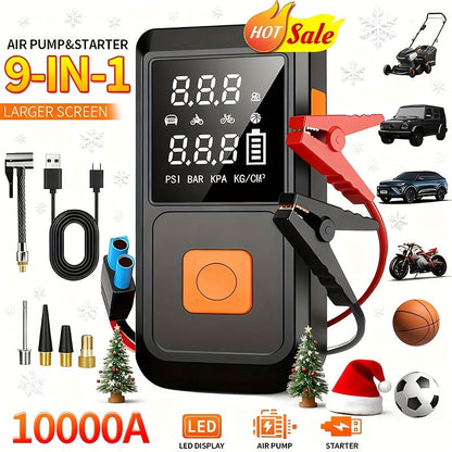 9-in-1 Car Jump Starter 10000A with 150PSI Tire Inflator, LED Display USB Fast Charging LED Light Battery Charger, Lightweight Dual-Function Emergency Kit for Camping Outdoor