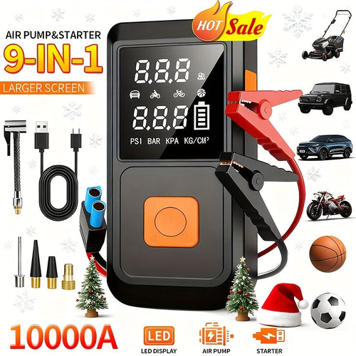 9-in-1 Car Jump Starter 10000A with 150PSI Tire Inflator, LED Display USB Fast Charging LED Light Battery Charger, Lightweight Dual-Function Emergency Kit for Camping Outdoor