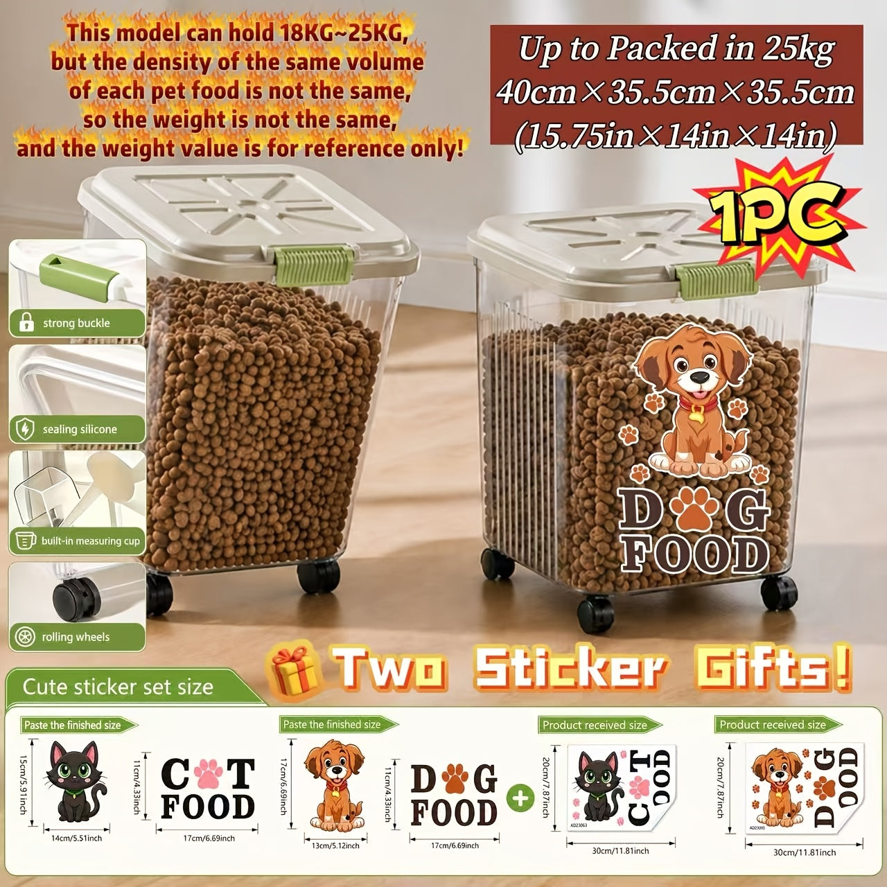 Pet Food Storage Container with Locking Lid & Scoop – Moisture-Proof Airtight Bin 6-55 lbs, Optional Wheels & Cute Sticker, Large Capacity for Cat & Dog Food Grains Flour