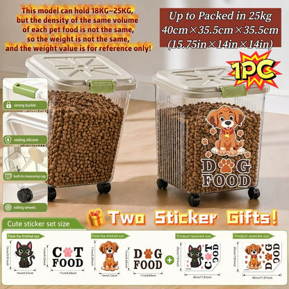 Pet Food Storage Container with Locking Lid & Scoop – Moisture-Proof Airtight Bin 6-55 lbs, Optional Wheels & Cute Sticker, Large Capacity for Cat & Dog Food Grains Flour