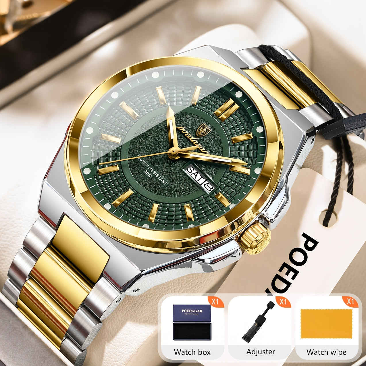 POEDAGAR Men's Quartz Watch Waterproof Luminous Stainless Steel Wristwatch with Weekly Calendar Display – Classic Elegant Design, Perfect Gift for Men, Multiple Color Options