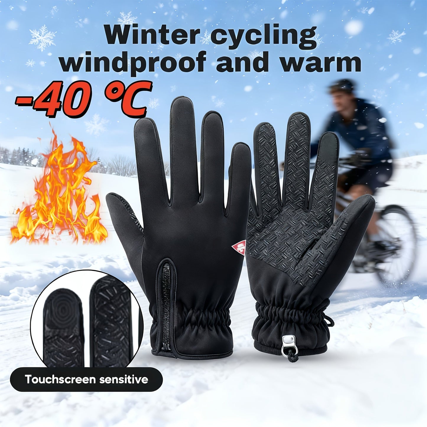 Winter Thermal Gloves Fleece Lined Windproof Touchscreen Zipper Closure Soft Warm Outdoor Gloves for Men Women Black Cold Weather Driving Running Cycling Hiking Daily Wear