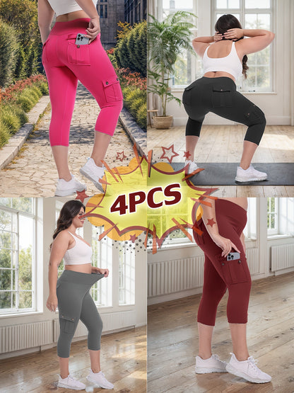 Women's High Waist Yoga Capri Pants 4-Pack 4-Way Stretch Butt Lifting Tummy Control 4 Pockets - Workout Running Sports Leggings S-XXL All Season