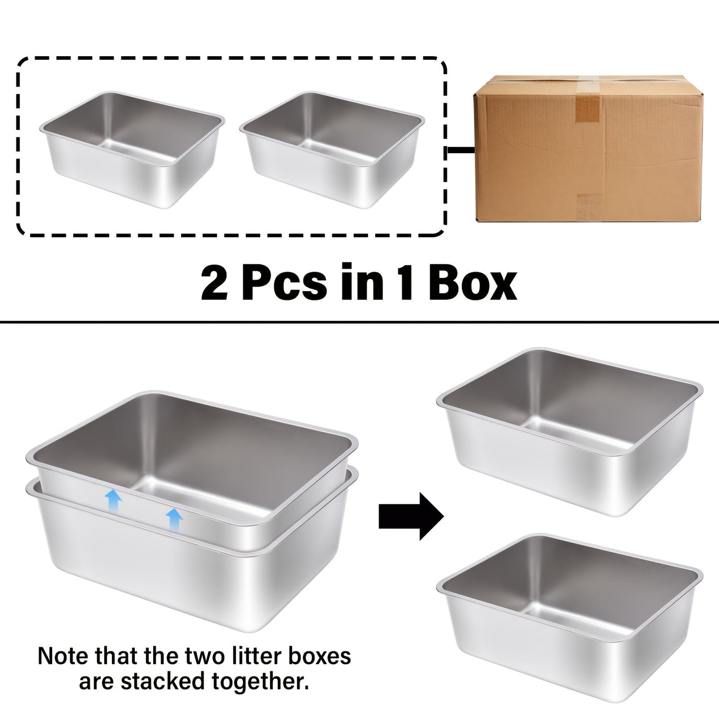 Stainless Steel Cat Litter Box XL – 2-Pack Extra Large Metal Litter Box, 6" Deep High Sides, Easy to Clean, Odor Resistant, for Big Cats & Multi-Cat Households, Rectangle Corner-Fit Design
