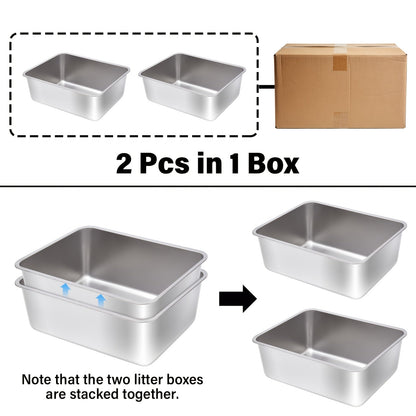 Stainless Steel Cat Litter Box XL – 2-Pack Extra Large Metal Litter Box, 6" Deep High Sides, Easy to Clean, Odor Resistant, for Big Cats & Multi-Cat Households, Rectangle Corner-Fit Design