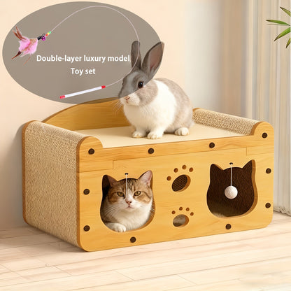 Cardboard Cat Scratching House – Durable Hideout & Bed with Feather Wand Toy, Ventilated Indoor Cat Scratcher, Available in 17.7" & 22" Sizes