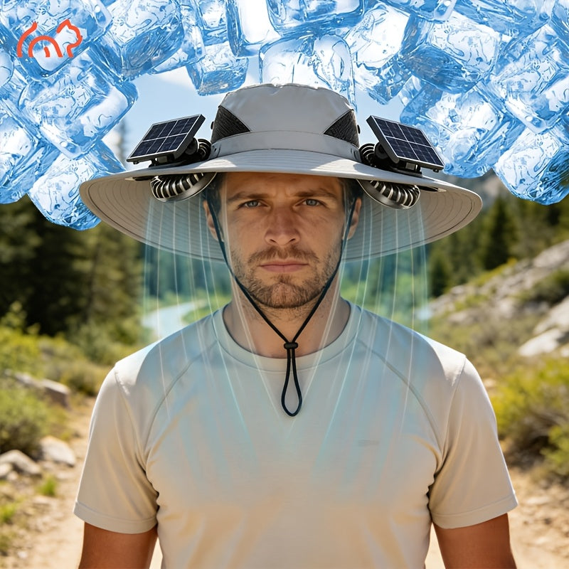 Solar Fan Hat with Dual Fans & USB Charging for Men & Women – Wide Brim Cooling Cap with Long Battery Life for Camping, Hiking, Fishing, Gardening & Outdoor Activities, Black, Dark Gray & Khaki