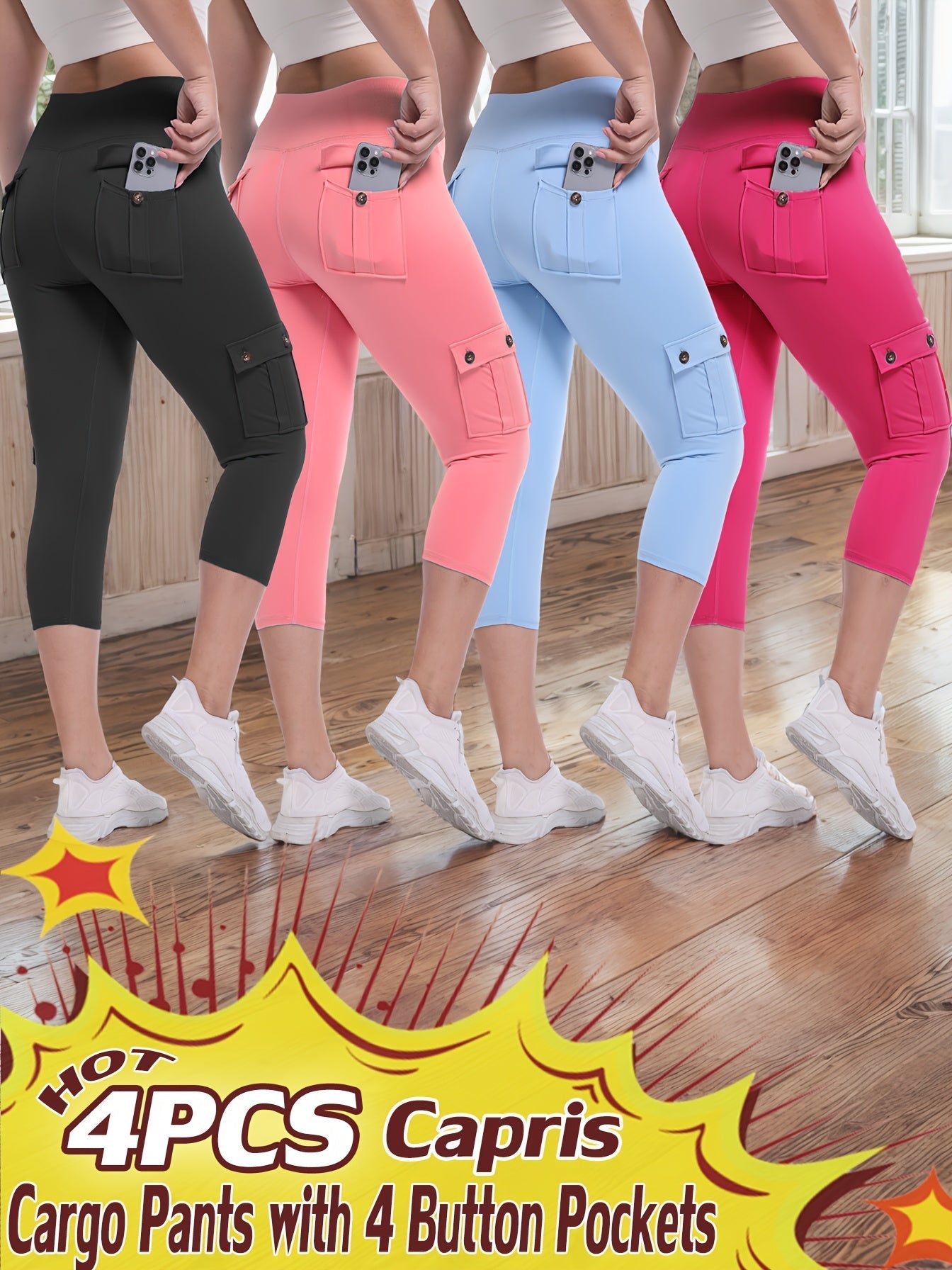 Women's High Waist Yoga Capri Pants 4-Pack 4-Way Stretch Butt Lifting Tummy Control 4 Pockets - Workout Running Sports Leggings S-XXL All Season