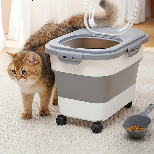 Large Airtight Pet Food Storage Container with Wheels – Moisture & Insect Resistant Sealed Bin with Measuring Cup & Foldable Design for Cat & Dog Dry Food, Off-White Green Pink