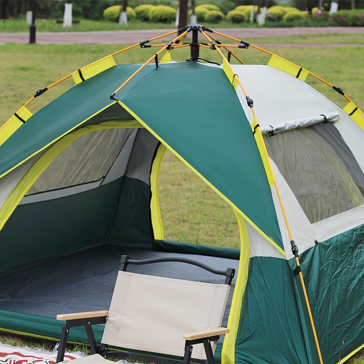 4-Person Pop-Up Camping Tent Instant Setup with UV Protection Insect Netting & Sunshade, Automatic Family Tent Dark Green for Beach Park Camping Hiking Outdoor Adventures, Sturdy Zipper & Support Pole