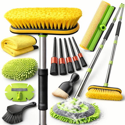 69 Inch Car Wash Brush with Long Handle 8-Piece Car Wash Kit – Tire Brush Window Squeegee Chenille Microfiber Mitt Detailing Brushes for Car Truck SUV RV – Extendable Car Cleaning Supplies