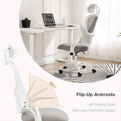 Ergonomic High-Back Mesh Office Chair with Flip-Up Arms Adjustable Headrest Lumbar Support & Wheels - Rolling Computer Desk Chair for Home Office Bedroom Study Pink Grey Black