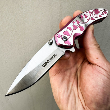 Folding Pocket Knife 7 Inch Hearts Engraved – 3Cr13 Steel Blade EDC Knife Aluminum Heart Handle Belt Clip Donut Accent, Stylish Everyday Carry for Camping Hiking Collecting Gift, Rosy Pink Red Lavender Blue Rose