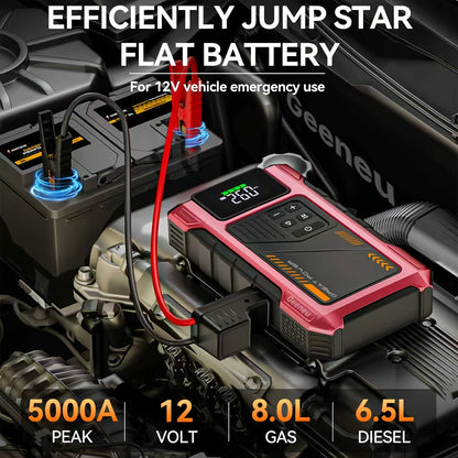9-in-1 Portable Jump Starter with Air Compressor for 12V Car Up to 8.0L Gas 6.5L Diesel – Battery Booster Pack with Tire Inflator, USB Power Bank, LED Emergency Light & Roadside Kit