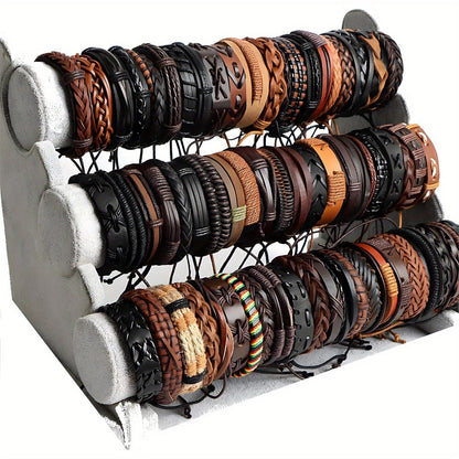 26 Pcs Vintage Faux Leather Braided Bracelet Set for Men and Women Adjustable Handmade Woven Cuff Bracelets Unisex Black Brown Retro Style Boho Jewelry Gift for Party Daily Wear