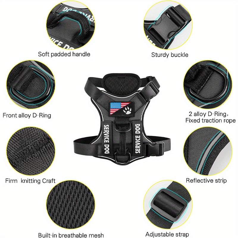 No-Pull Dog Harness Set Reflective Vest with 5 Patches – Adjustable Soft Oxford Mesh Service Dog Harness Front & Back Clip for Small Medium Large Dogs XS to XL