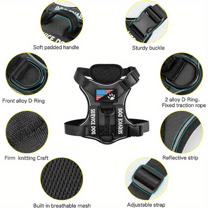 No-Pull Dog Harness Set Reflective Vest with 5 Patches – Adjustable Soft Oxford Mesh Service Dog Harness Front & Back Clip for Small Medium Large Dogs XS to XL