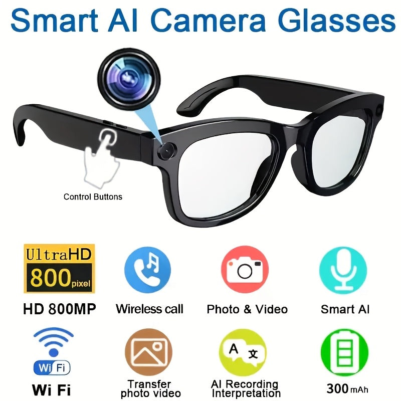 AI Smart Glasses with 8MP HD Camera Touch Control ChatGPT Real-Time Translation Wireless Calling Blue Light Protection Noise Reduction Dual Mics Photochromic Lens for Cycling Driving Travel Office