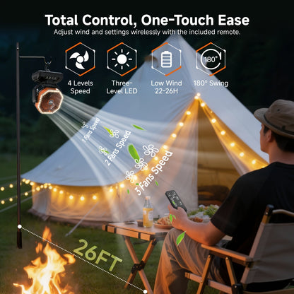 20000mAh Camping Fan with LED Light & Remote Control – 4-Speed Brushless Motor, 180° Oscillating Portable Outdoor Fan, 22-26 Hour Battery Life, 40 LEDs, Timer – for Camping, Hiking, Tent, Emergency & Home Use