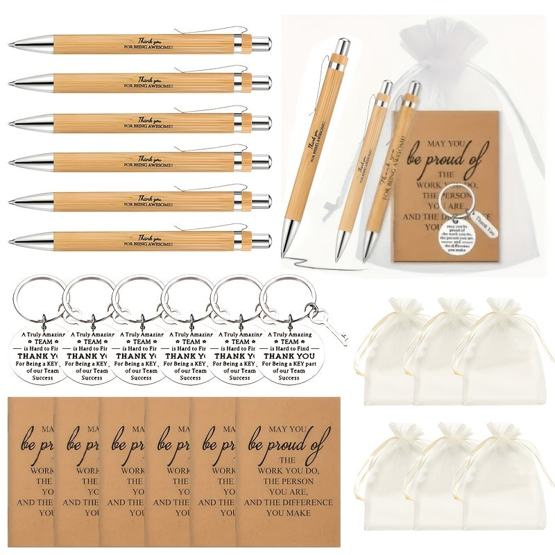 24-Piece Inspirational Gift Set Bamboo Retractable Pen Keychain Gratitude Notebook Gift Bag Bulk Appreciation Gifts for Employees Teachers Thanksgiving Christmas