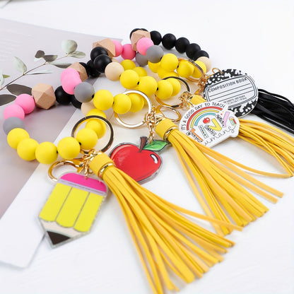 4-Piece Teacher Beaded Keychain Gift Set – Handmade Pencil Apple Notebook TEACH Charm Keychains with Lobster Clasp, Teacher's Day Graduation Back to School Gift, Bag Decoration Pendant
