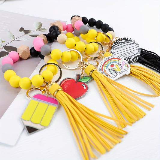 4-Piece Teacher Beaded Keychain Gift Set – Handmade Pencil Apple Notebook TEACH Charm Keychains with Lobster Clasp, Teacher's Day Graduation Back to School Gift, Bag Decoration Pendant