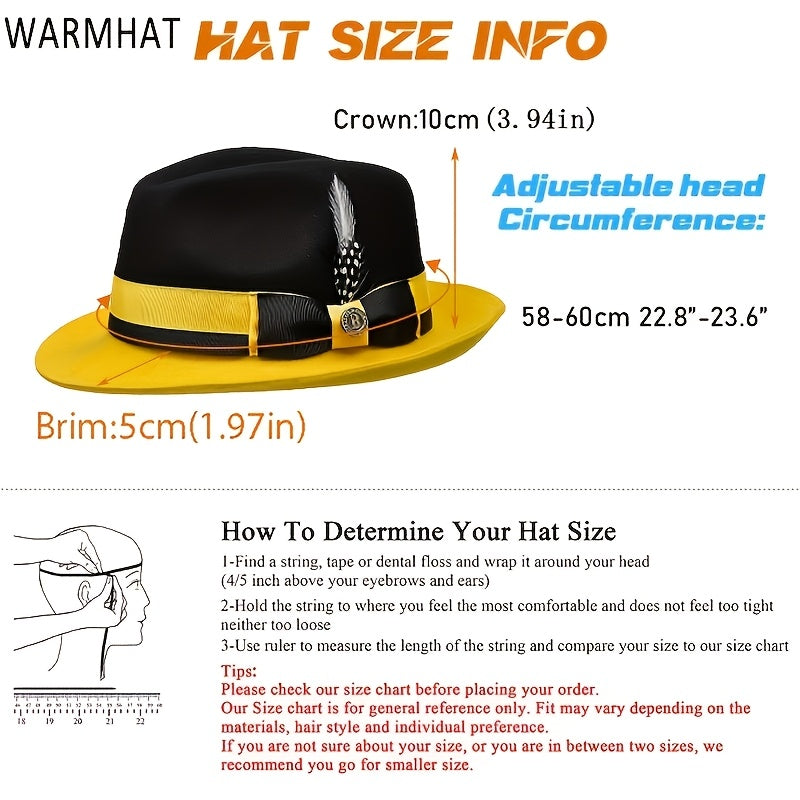Men's Vintage British Gentleman Top Hat – Cashmere Wool Blend Adjustable 57-60cm, Classic Fall Winter Dress Hat in Black White Red Yellow, Stylish Gift for Men Birthdays Holidays
