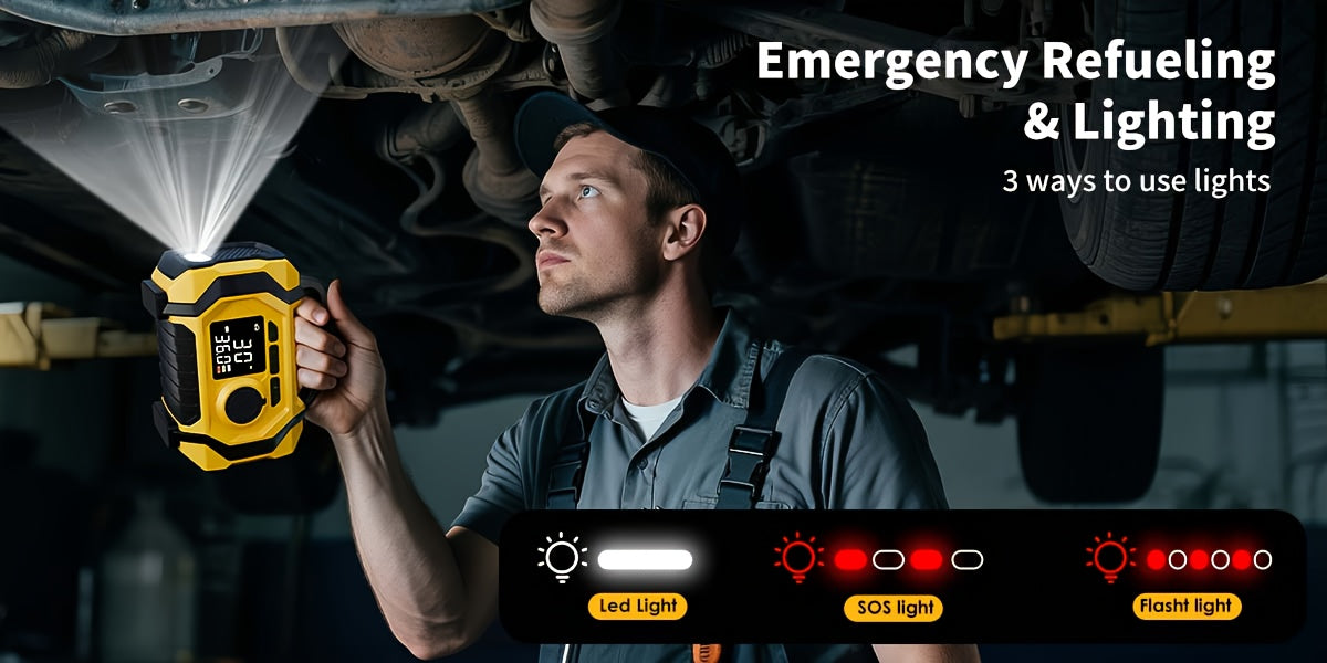 7000A Portable Jump Starter with Air Compressor – 8-in-1 Car Battery Booster, 150PSI Auto-Stop Tire Inflator, Power Bank, LED Emergency Light – Fits Gas up to 9L & Diesel up to 8.5L, 12V Vehicles