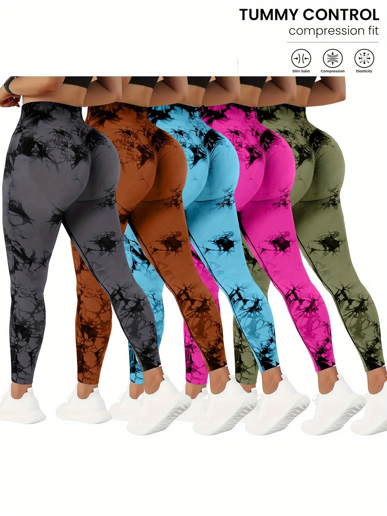 5 Pack High-Waisted Yoga Pants for Women with Tummy Control, Tie-Dye Fitness Leggings Stretchy Running Tights Peach Lift Workout Pants, All-Season Activewear in Various Colors