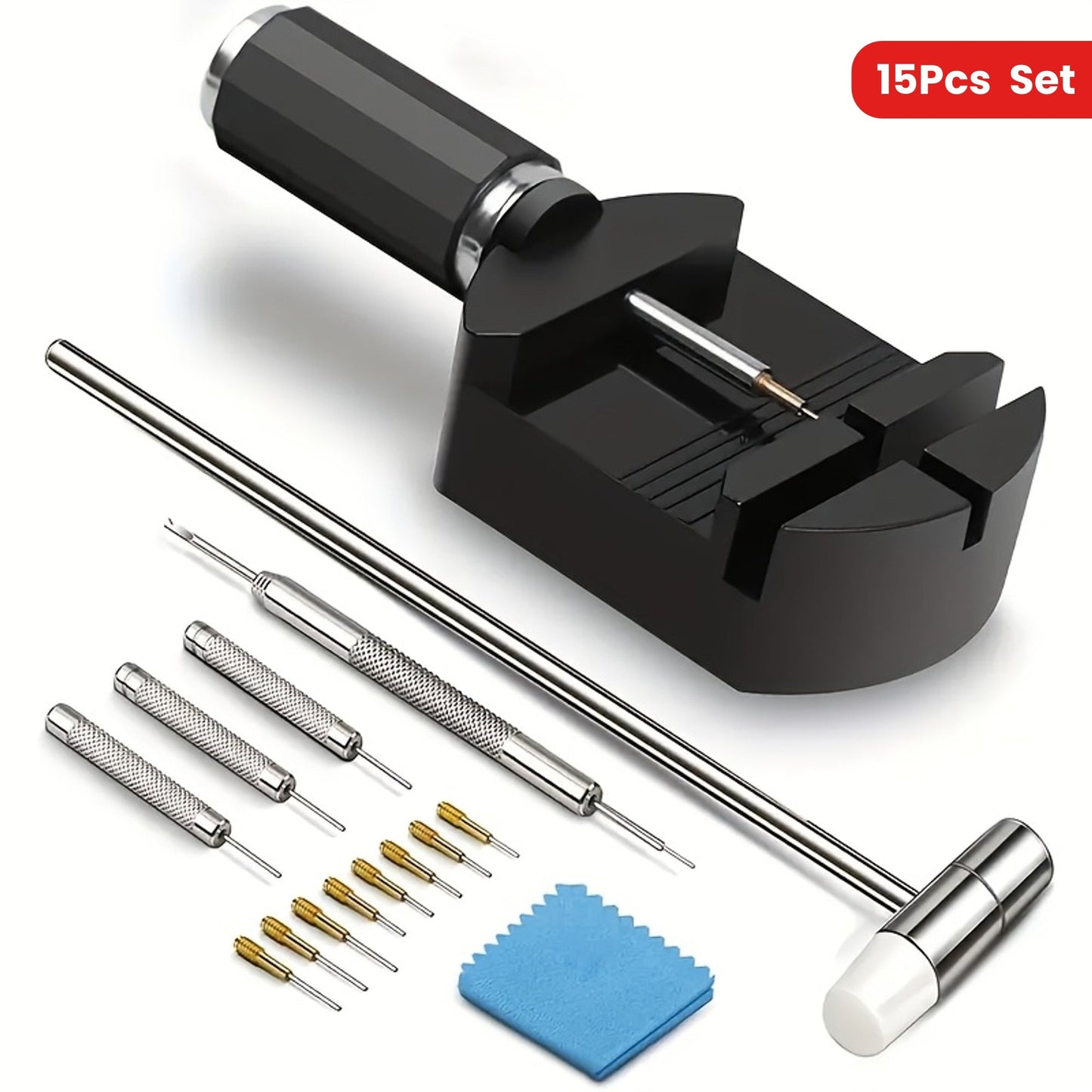 15 Piece Professional Watch Band Removal Tool Kit – Stainless Steel Watch Band Pin Remover with Plastic Base, No Assembly Required, Suitable for Watch Band Adjustment and Repair at Home
