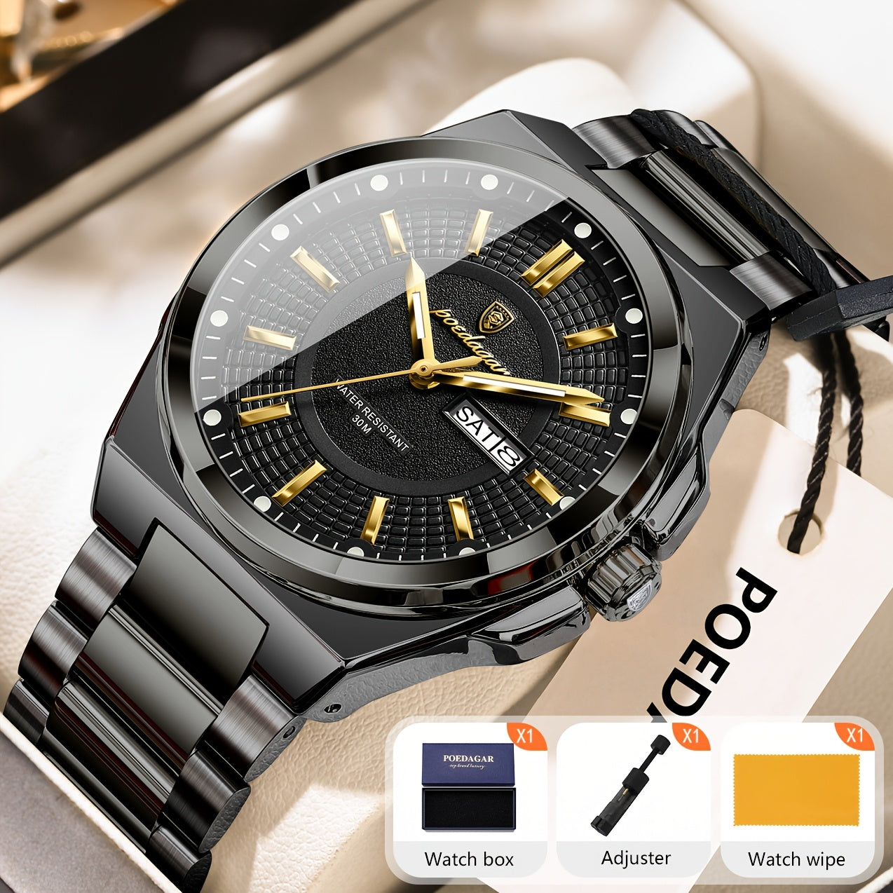 POEDAGAR Men's Quartz Watch Waterproof Luminous Stainless Steel Wristwatch with Weekly Calendar Display – Classic Elegant Design, Perfect Gift for Men, Multiple Color Options
