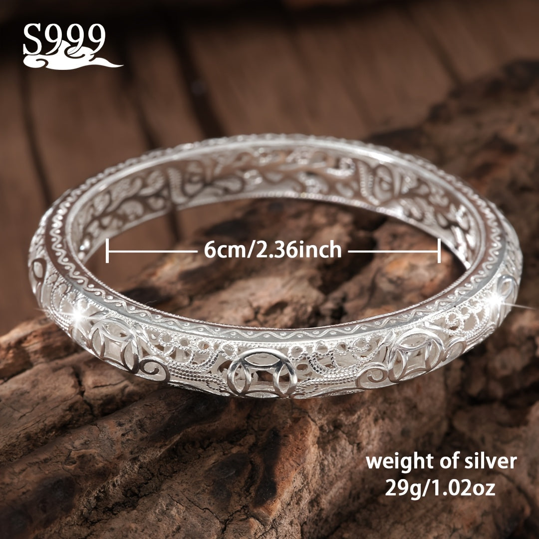 S999 Pure Silver Bangle Bracelet for Women – Solid Closed-End Cuff, High-Purity Fine Silver Jewelry, Elegant Shining Fashion Accessory, Perfect Birthday & Anniversary Gift for Her