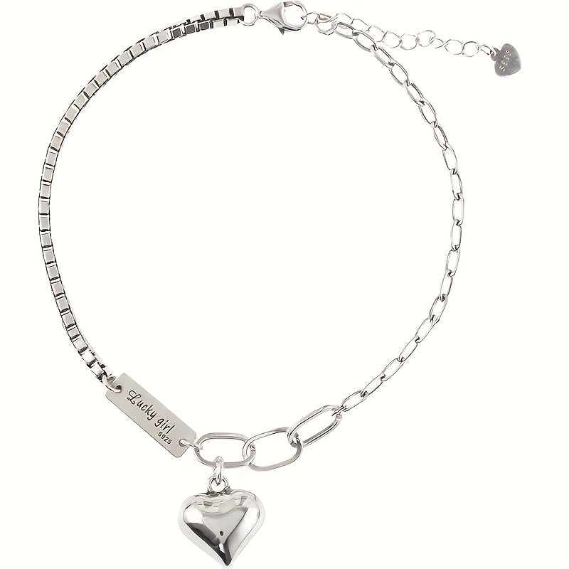 925 Sterling Silver Ankle Bracelet Set Heart Charm Lucky Tag – Boho Layered Anklet & Bracelet for Women, Dainty Matching Jewelry Gift for Christmas Birthday Beach Vacation Daily Wear